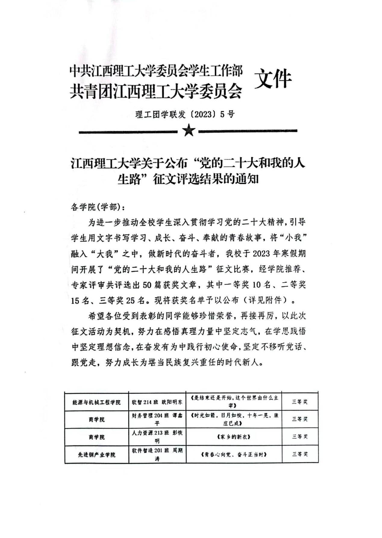 江西理工大学“党的二十大和我的人生路”征文评选校赛三等奖