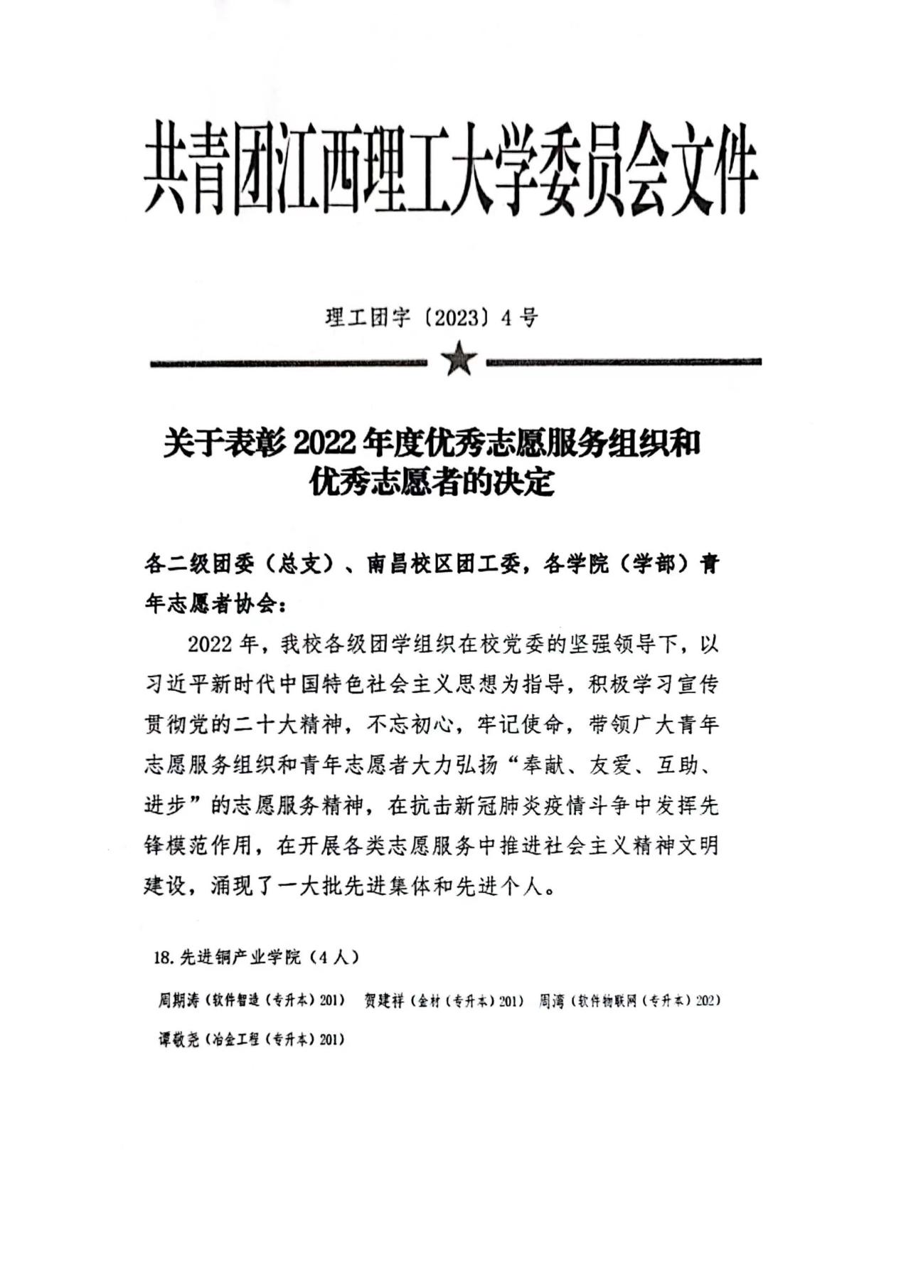 江西理工大学2022年度优秀志愿者